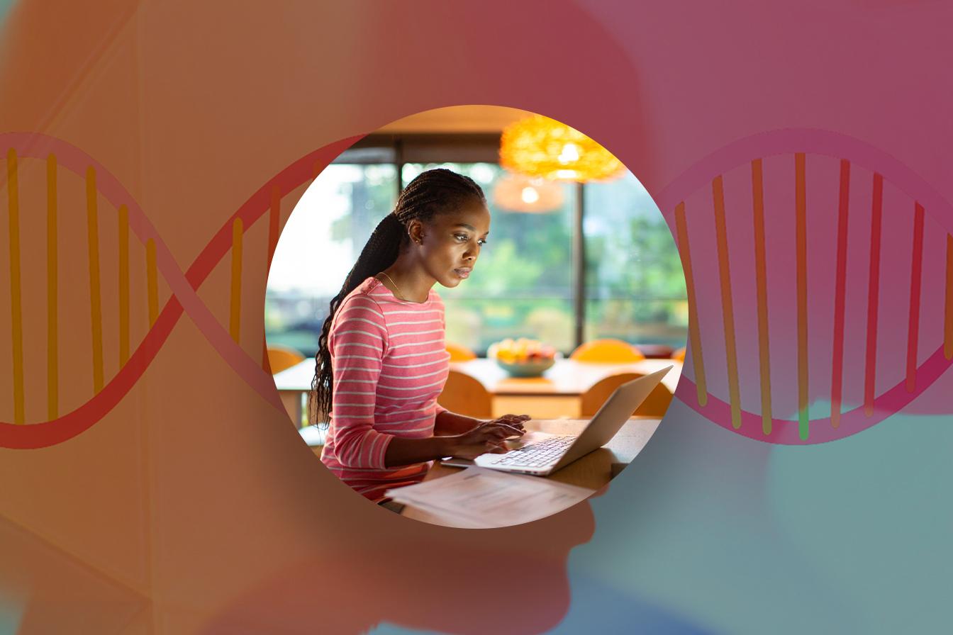 A woman researching on a laptop at her kitchen table, framed in a circle over a DNA helix