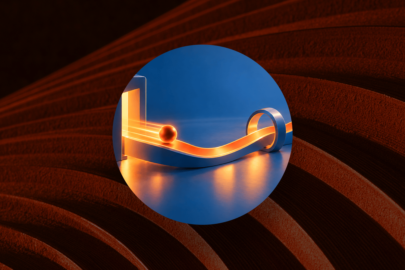 An orange sphere rolling through a glowing doorway along a winding track with a ring