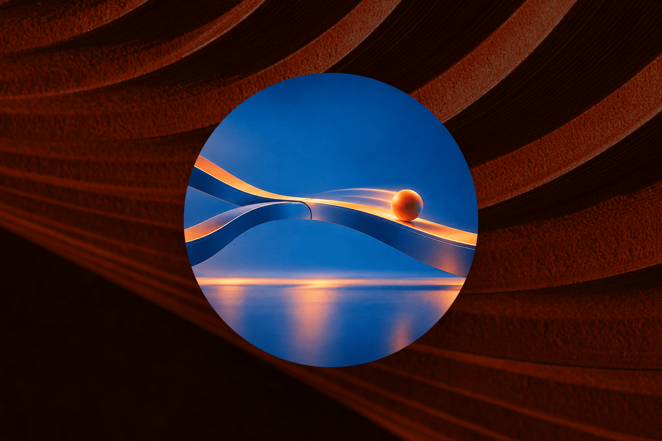 An orange sphere rolling along a smooth blue and orange ribbon over a reflective surface