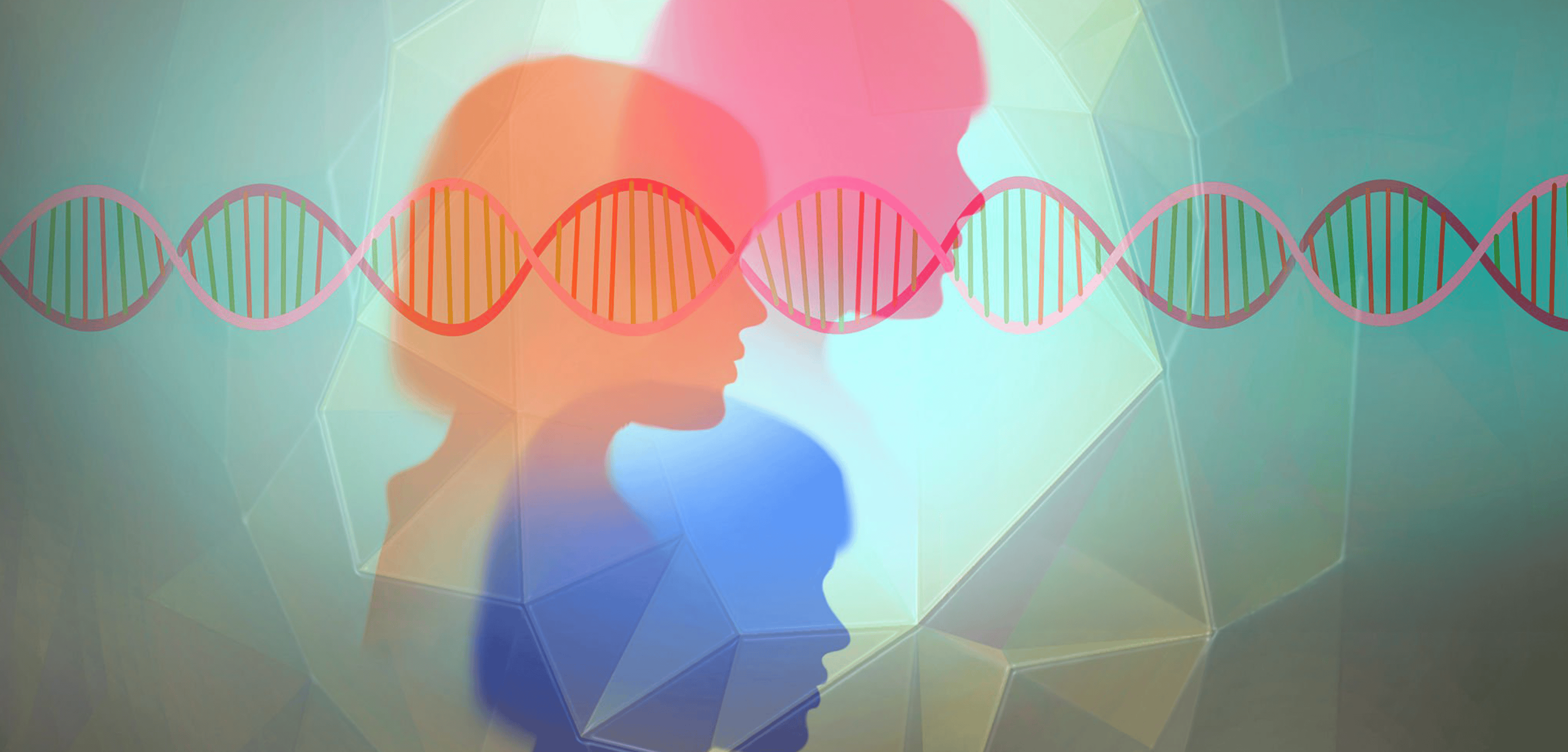Colorful overlapping silhouettes of three women in profile with a DNA helix running across them
