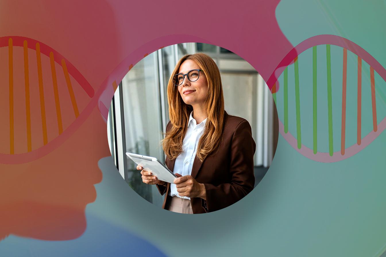 A woman in glasses holding a tablet looks into the distance, framed in a circle over a DNA helix
