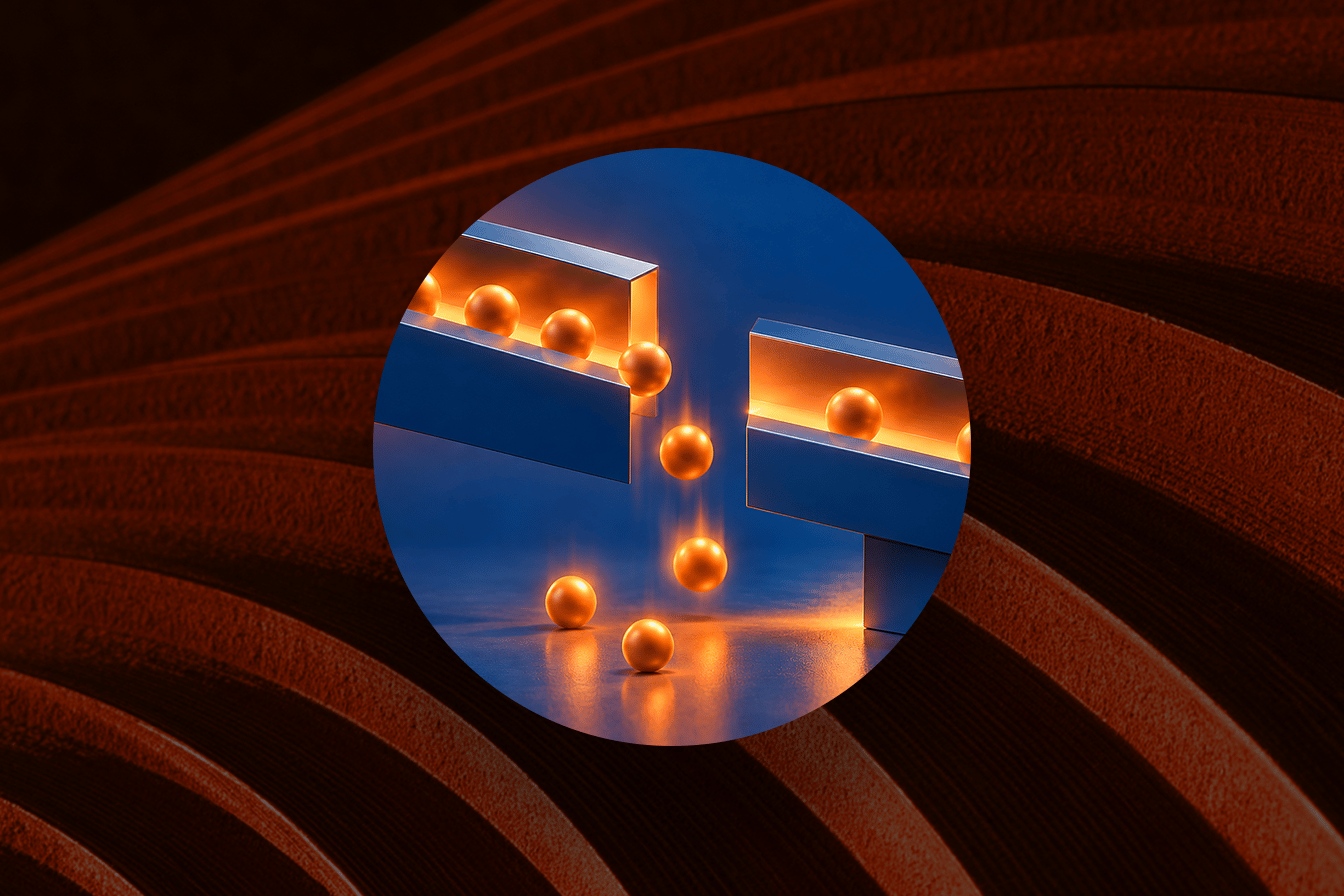 Orange spheres rolling along glowing tracks and dropping through a gap between two blue ledges
