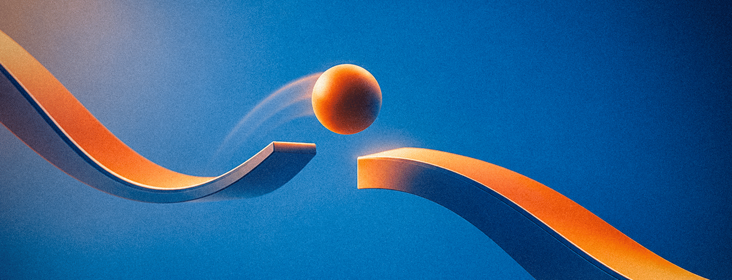 Abstract blue and orange ribbons with an orange sphere bridging a gap between them