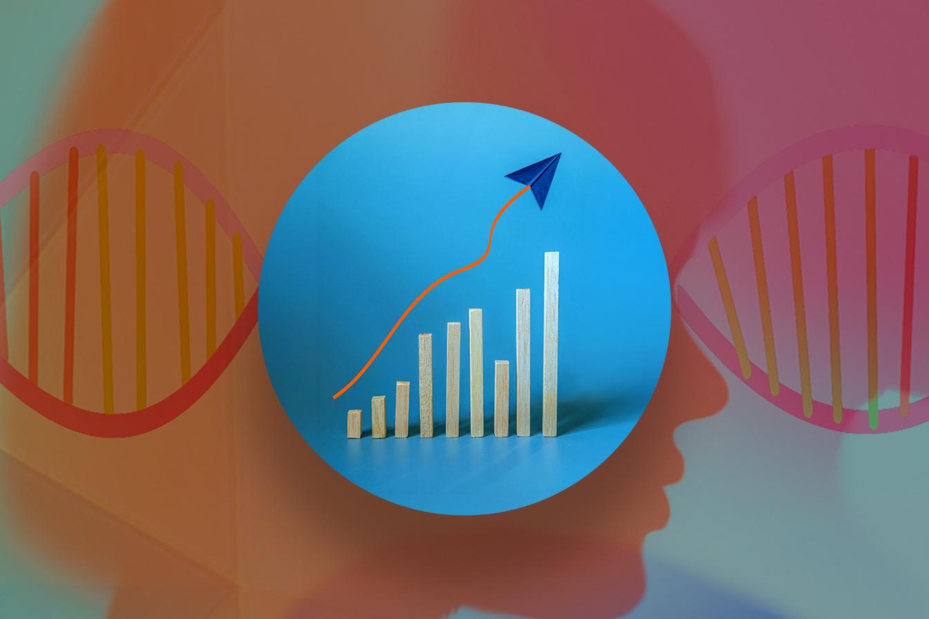 Wooden bars rising beside an orange trend line and a paper plane on a blue circle, over a DNA helix