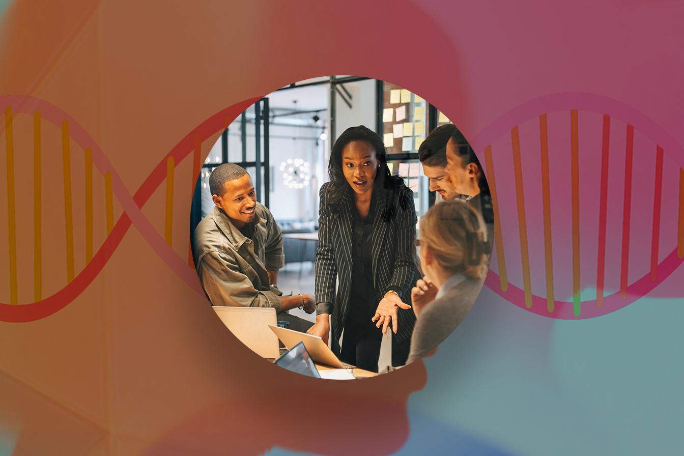 A woman speaks to colleagues gathered around a table, framed in a circle over a DNA helix