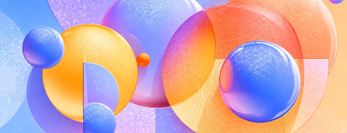Abstract composition of overlapping translucent orange, yellow, purple and blue spheres and circles