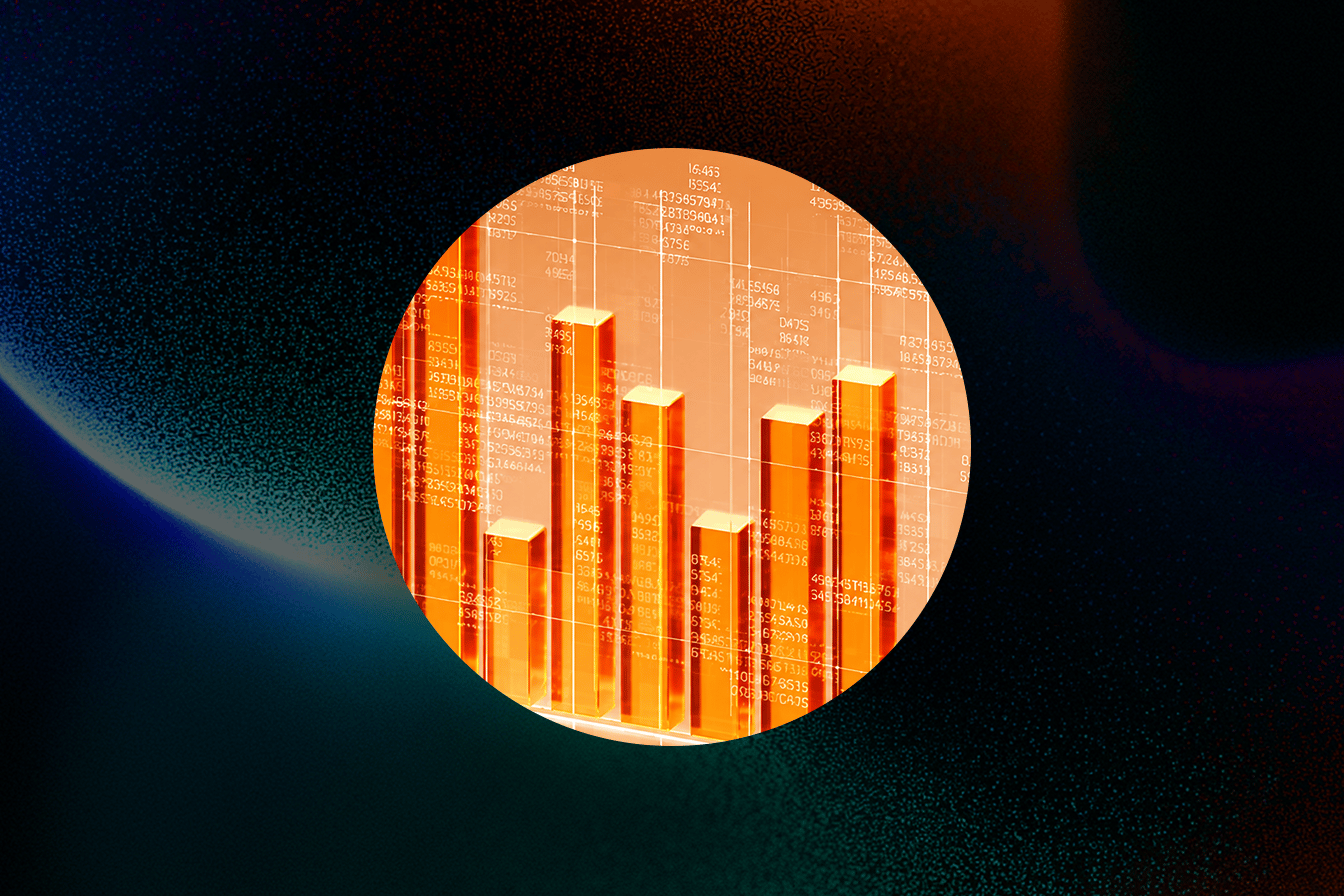 Orange translucent bar chart overlaid with columns of numbers